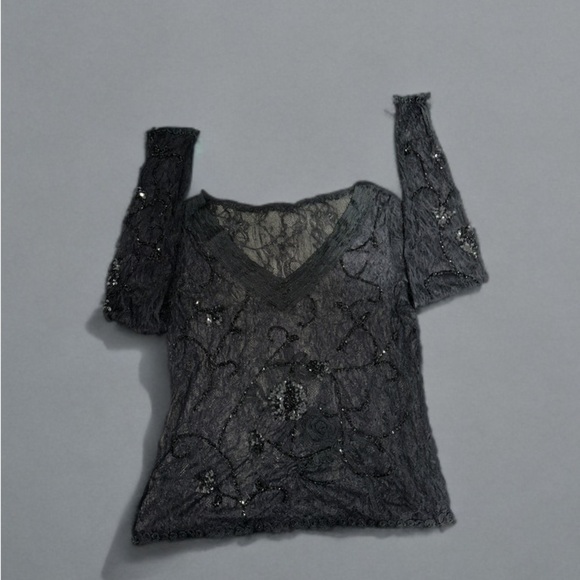 Y2K Vintage Black Mesh Lace Top w/ Beaded Detail - Picture 1 of 5